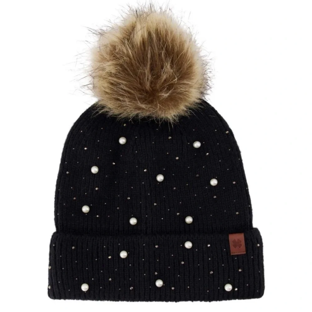 NEW Lucky Brand SET Black Scarf + Beanie Hat Tan Pom Pearls Sparkles Cozy Gift